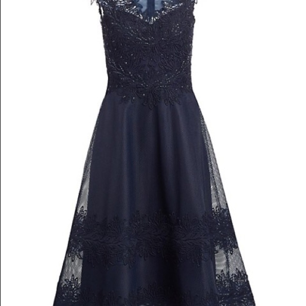 New Teri Jon Navy Lace Embellished Beaded Tea Length Cocktail 2 wedding guest